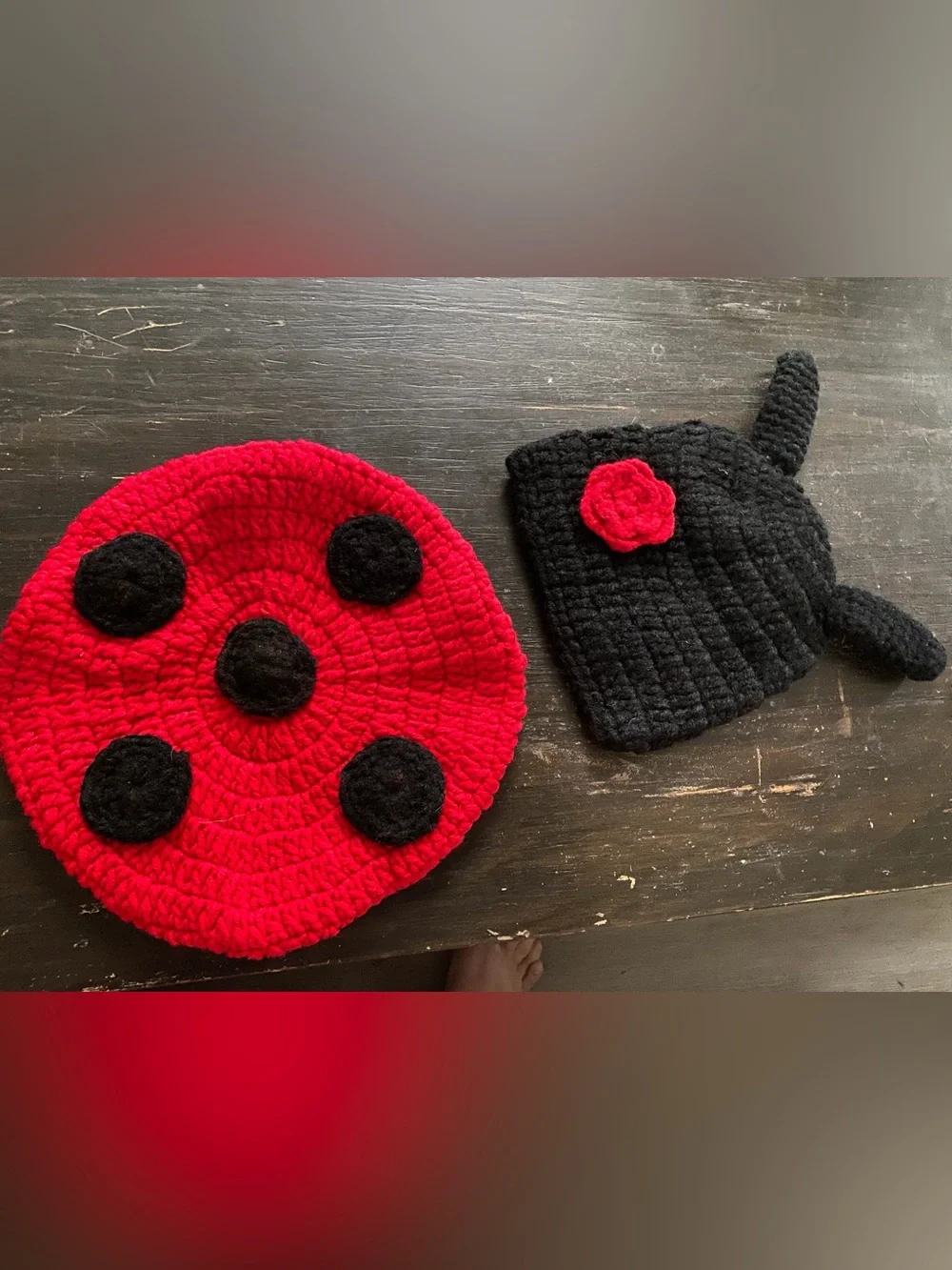 Newborn to 4 months or so crocheted ladybug photo op outfit red and black